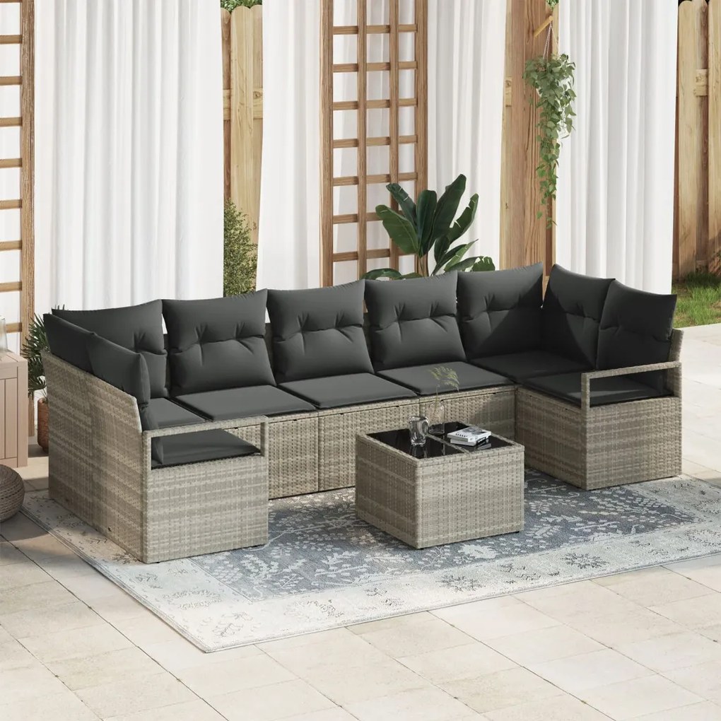 8 darabos Kerti Sofa Szett Párnákkal Világosszürke Poli Rattan, 2-Fős Kerti Sofa Tárolóval és Párnákkal Szürke Poli Rattan