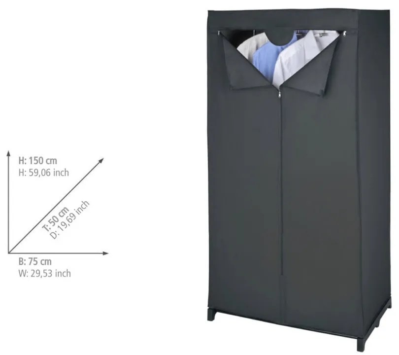 Fekete textil ruhásszekrény 75x150 cm Deep – Wenko
