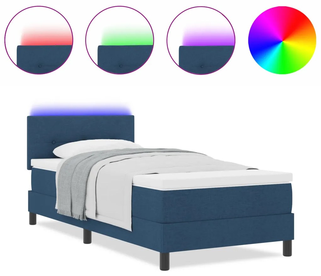 Boxspring Ágy Matraccal és LED Kék 90x200 cm Szövet