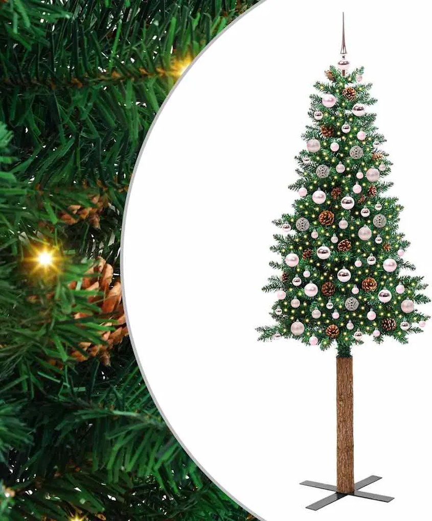 vidaXL Karcsú karácsonyfa 300 LED-del Zöld 210 cm PVC és tömör fenyőfa