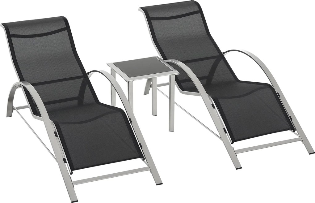 Outsunny Kert Napozóágy Szett Fém Hálós 3-Részes Napozóágy Teázó Asztallal, 2 Napozóággyal, 1 Oldalas Asztallal - Kerti Bútor Szett 59W x 169D x 66H c