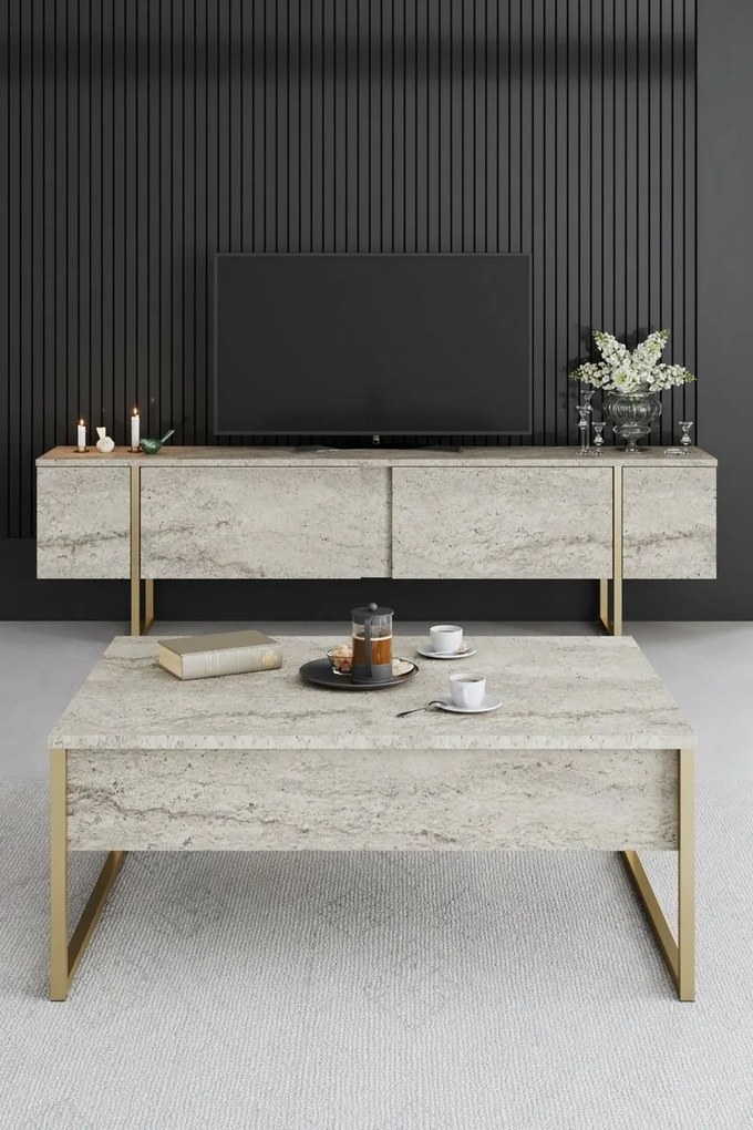 Luxe Travertine and Gold TV-asztal