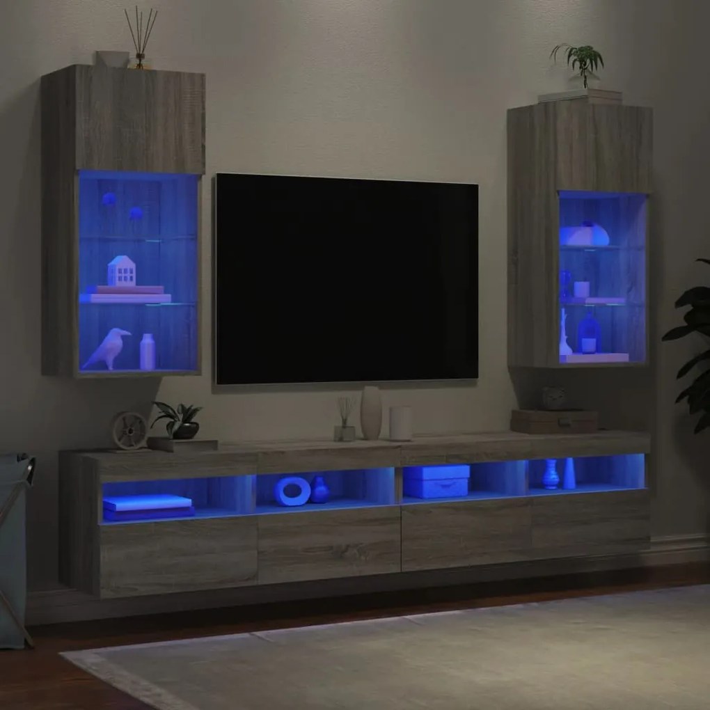 2 db szürke sonoma színű TV-szekrény LED-ekkel 40,5x30x90 cm