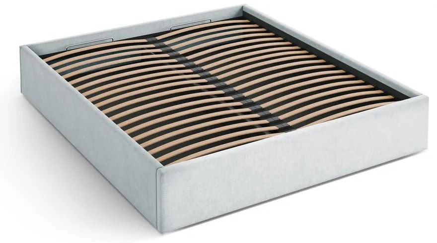 Világosszürke kárpitozott ágyneműtartós-ágytámla nélkül franciaágy ágyráccsal 200x200 cm Susan – Micadoni