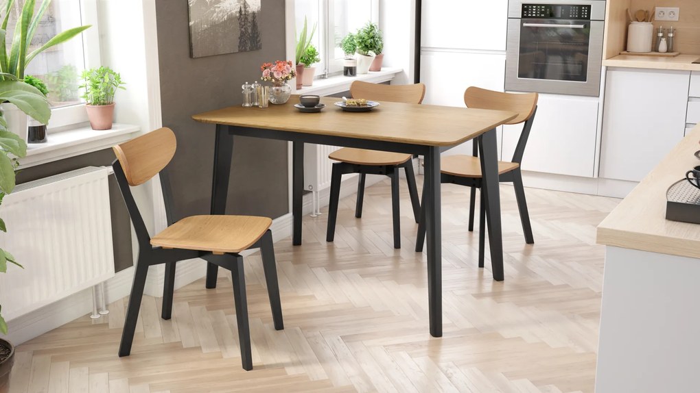 MAZZONI EXPORT ROXY Természetes Tölgyfa/fekete asztalkeret - RETRO TÉGLALAP 120x80 cm ALAKÚ FA ASZTAL KONYHÁBA/ÉTKEZŐBE