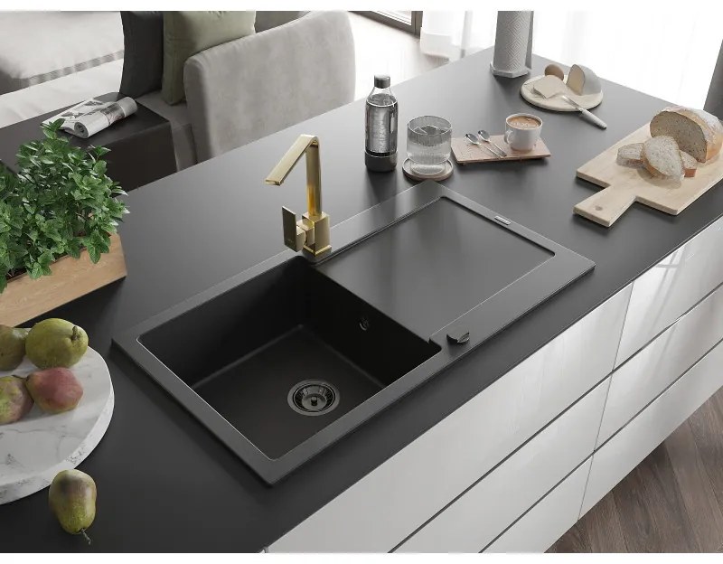 Mexen Leo, gránit mosogató 900x500x190 mm, 1 kamrás, fekete, fekete szifonnal és arany Rita mosogató csapteleppel, 6501-77-670300-50-B