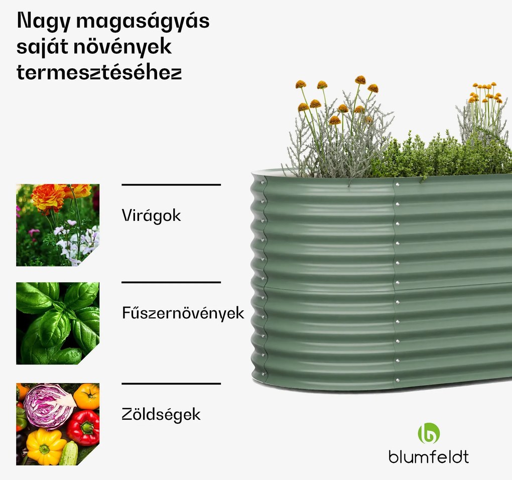 High Grow, magaságyás, 160 x 80 x 80 cm, hullámos acéllemezből, könnyen összeszerelhető, rozsda- és fagyálló