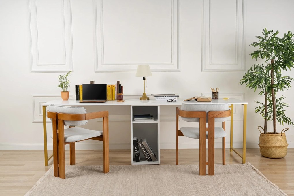 Íróasztal Twin Study Desk - Fehér, Arany