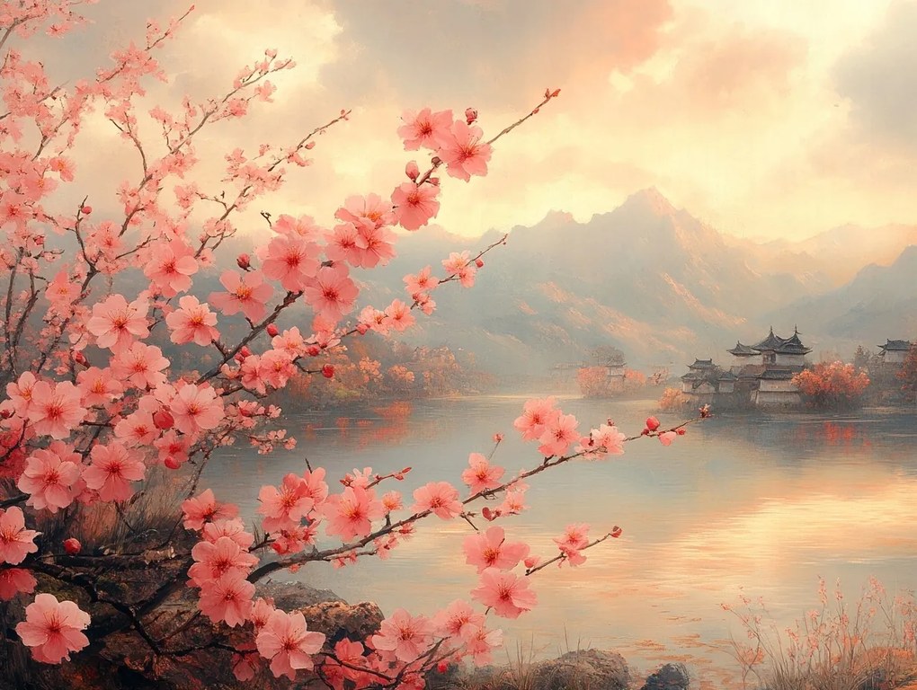 Vászonkép Canvas Tájkép Pagoda Fa Virágok Cseresznye Sakura 100x75