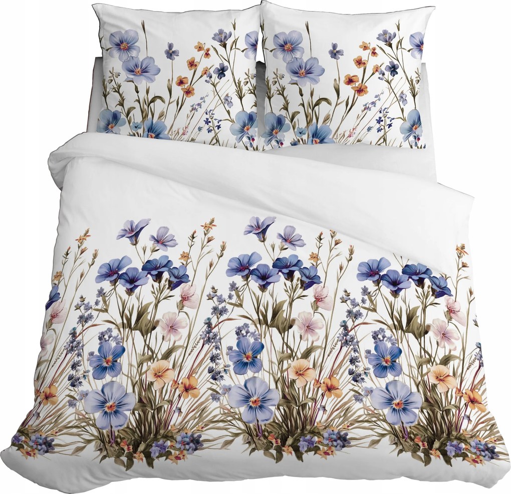 Szatén ágyneműhuzat 220x200 Virágos rét kék virágokkal