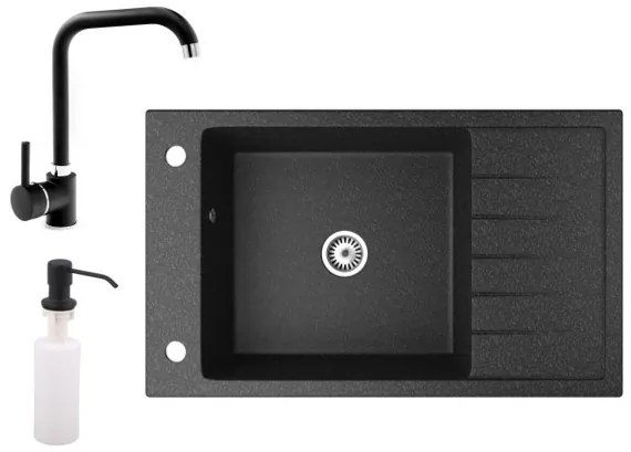 Gránit mosogató NERO Grande + Steel csaptelep + adagoló (fekete)