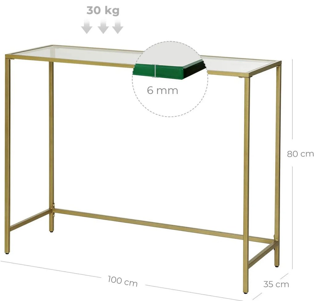 Minimal arany színű konzolasztal üveg asztallappal