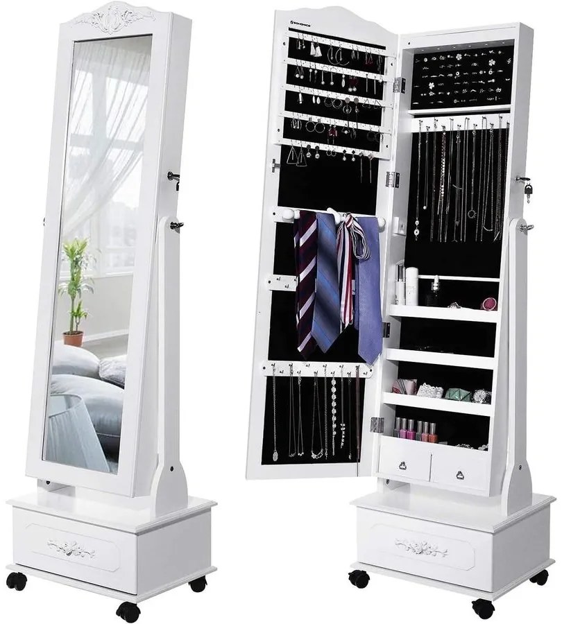 Tükrös ékszerszekrény kerekekkel és LED világítással, zárható, fehér