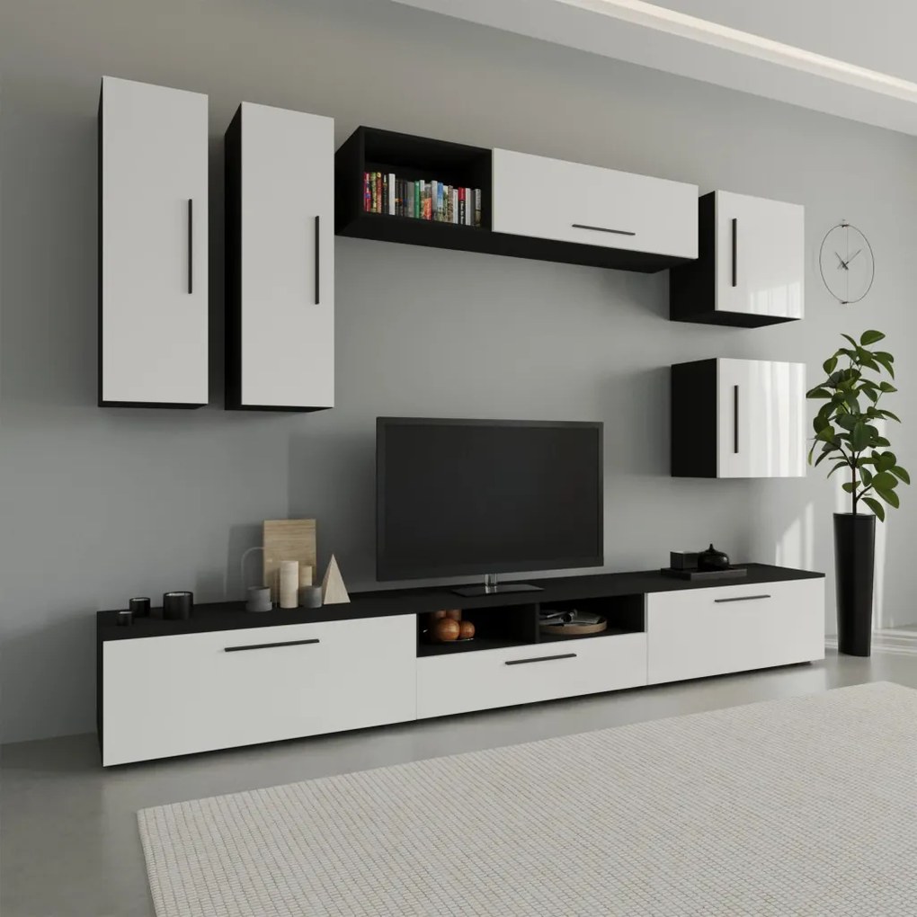 Kos V1 nappali szekrénysor, Fekete / Fényes fehér, MDF, 285 cm