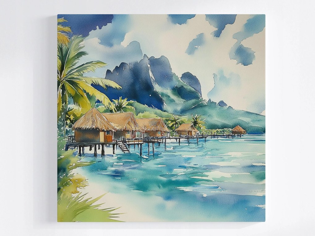 Vászonkép Canvas Tájkép Trópusok Szigete Tengerpart Kunyhók Óceán Hegyek 80x80