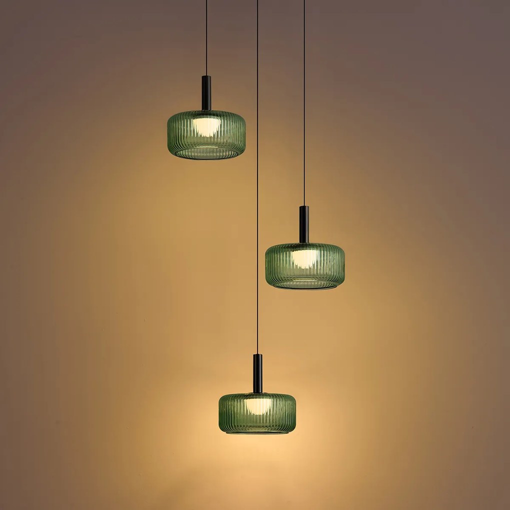 Design függőlámpa antracit zöld üveggel, LED-del, 3 fokozatban szabályozható, 3 fényforrású Easylift - Fiera