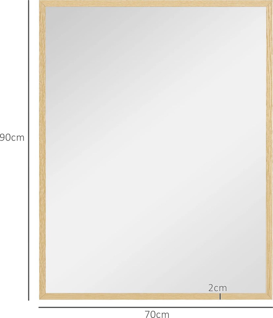HOMCOM Téglalap alakú Fali Tükör 90 x 70 cm, fa keret, ideális fürdőszobába, nappaliba vagy hálószobába, natúr | Aosom