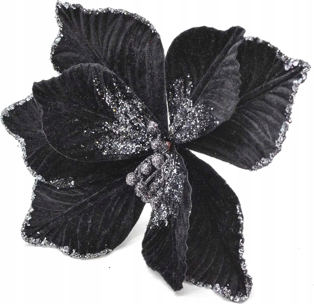 Betlehemi csillag fekete 25cm csúcsos, csillámos karácsonyi dekoráció