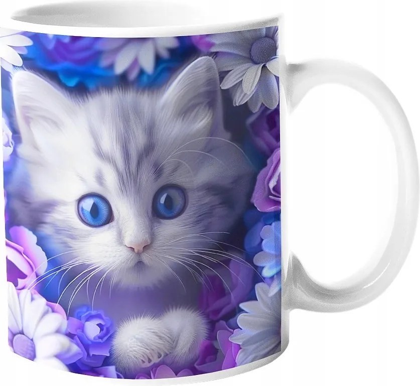 Csodálatos Bögre Macska Virágokkal Páratlan Színek "3D hatás" 330ml.