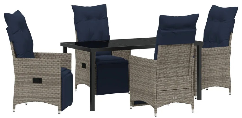 5 részes kerti étkezőszett párnákkal szürke poli rattan, Kerti Asztal Fekete 160x80x73 cm Edzett Üveg
