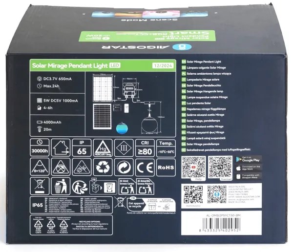 Aigostar-LED RGBW Napelemes csillár MESH 20W/3,7V 4000 mAh 2700K-6500K IP65 átm. 15 cm