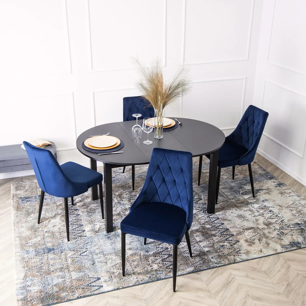 Étkezőgarnitúra 4 db. Sötétkék CORK bársony székkel. Asztal HARRY 102-142 cm