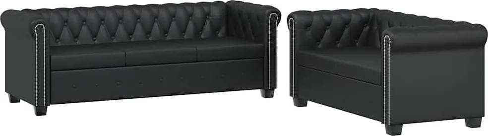 vidaXL 2 személyes és 3 személyes fekete műbőr Chesterfield kanapé