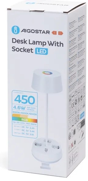 Aigostar-LED RGBW Fényerőszabályozható asztali lámpa konnektorokkal és USB-porttal LED/4,6W/230V fehér