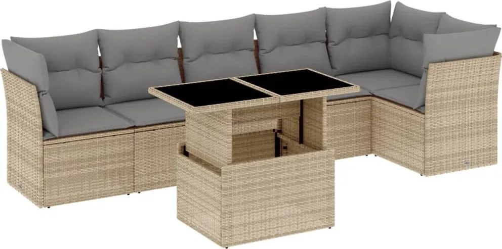 vidaXL 7 részes bézs polyrattan kerti ülőgarnitúra párnákkal