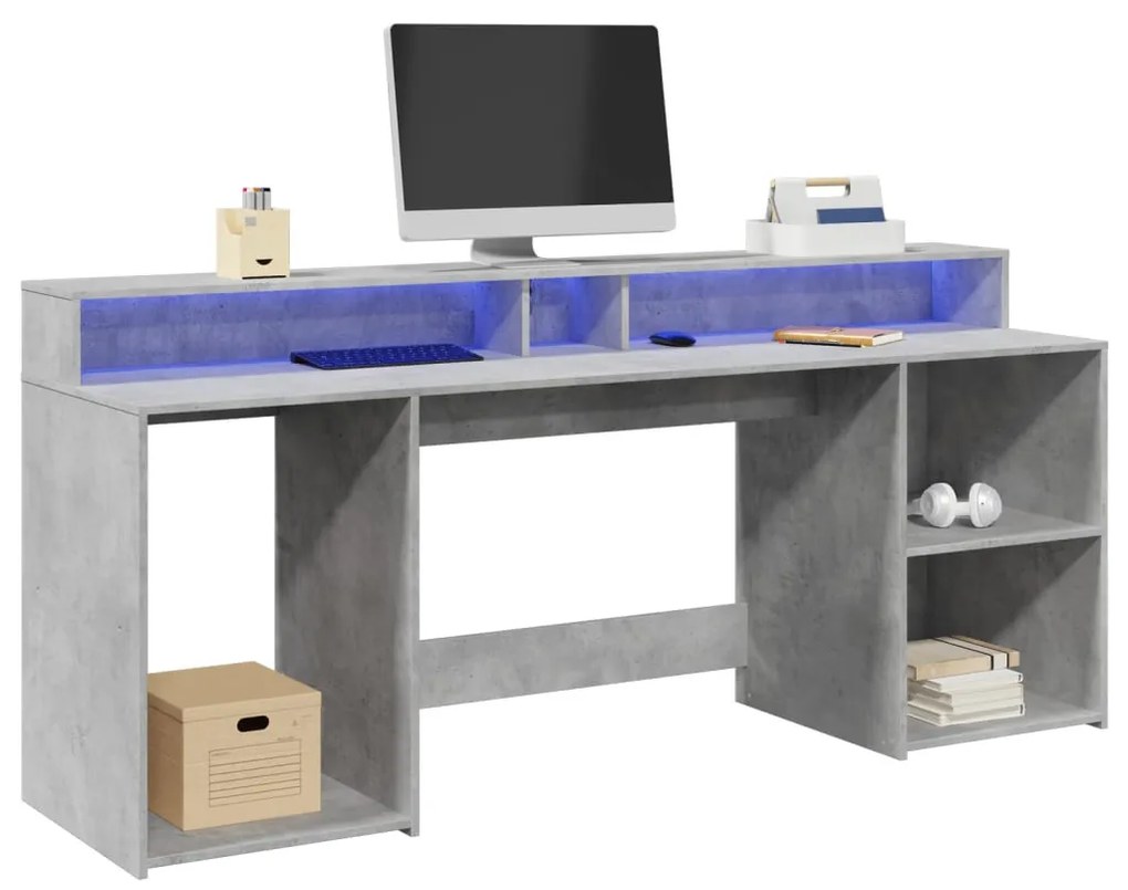 betonszürke szerelt fa íróasztal LED-világítással 200x55x91 cm