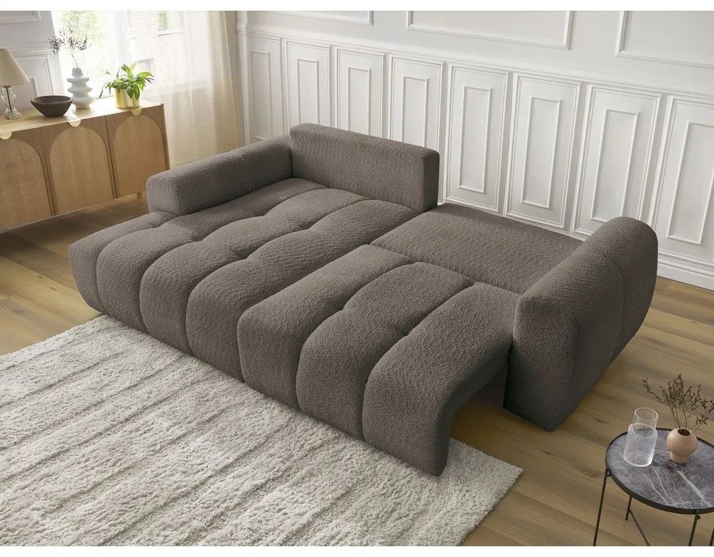 Barna buklé kinyitható-tárolóhelyes sarokkanapé (bal oldali-heverő résszel) Roxelane – Bobochic Paris