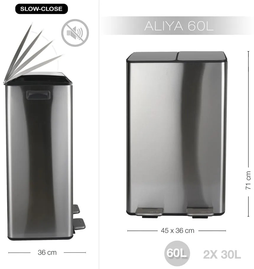 Matt ezüstszínű acél szelektív pedálos szemetes 2x30 l Aliya – Spirella