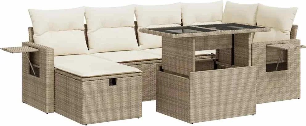 vidaXL 7 részes bézs polyrattan kerti ülőgarnitúra párnákkal
