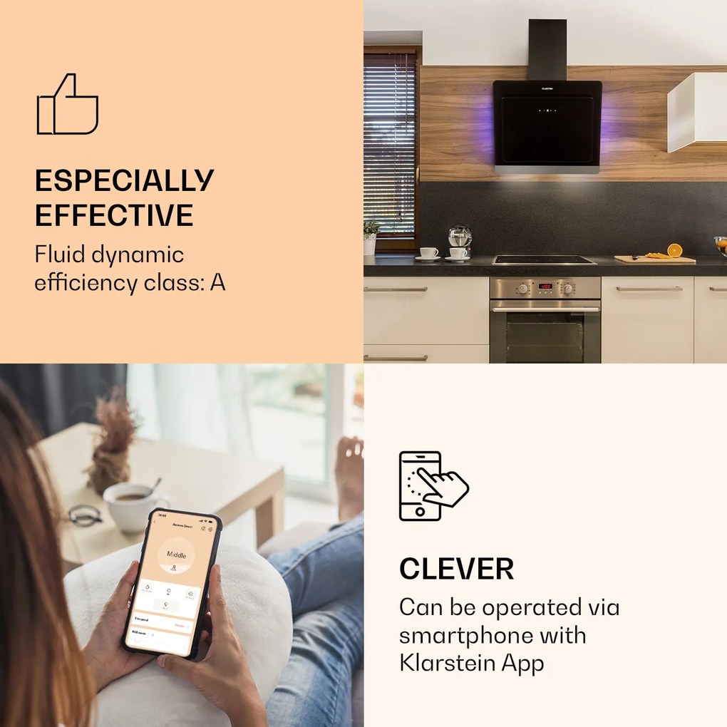 Klarstein Aurora 60 Smart, páraelszívó, 60 cm, 550 m³/ó, kéményes páraelszívó, háttérvilágítás, A++