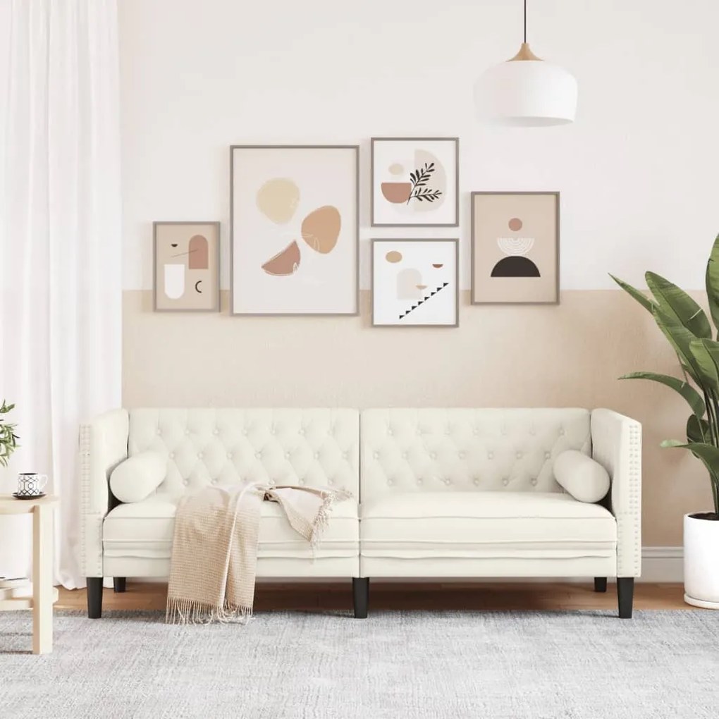 3 személyes krémszínű bársony Chesterfield kanapé párnákkal