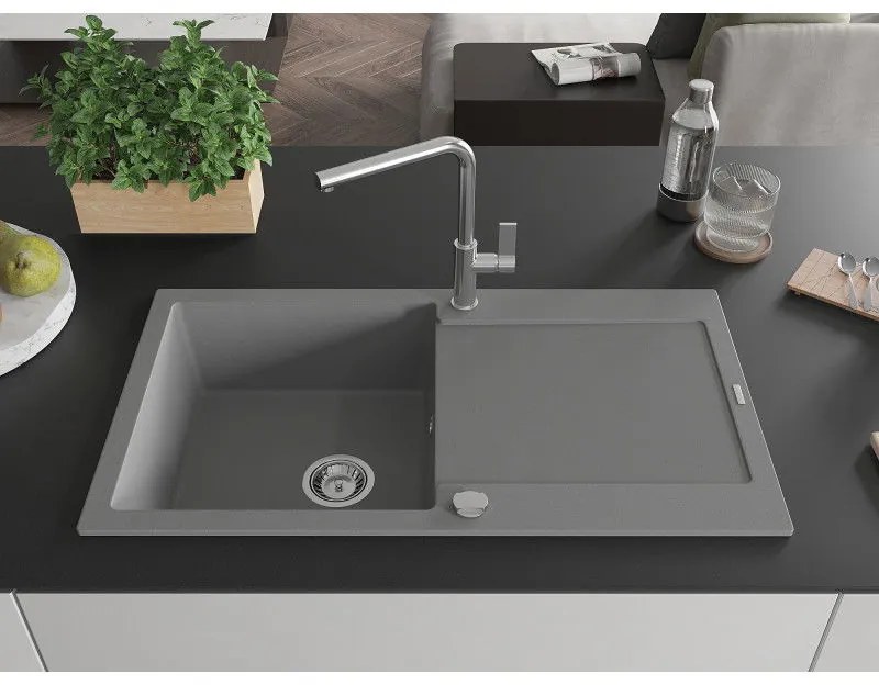 Mexen Leo, 1 kamrás gránit mosogató 900x500x190 mm és Flora mosogató csaptelep, szürke, 6501-71-670401-00