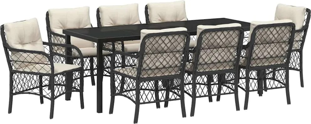 vidaXL Kert étkező szett párnával 9 pcs Fekete polirattan