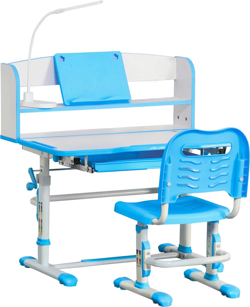 HOMCOM Gyerek Íróasztal és Szék Szett 6-12 Évesek Számára Magasságban Állítható, Iskolai Íróasztal 45°-ban Dönthető Toppal, Lámpával, Fiókkal, Polccal