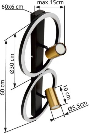 Globo 57033-2 Fali lámpa fém fekete matt, fém sárgaréz matt, műanyag fehér, HxSzxM: 600x300x155mm, LED 24W 230V, 2850lm forrás, 1400lm kimenet, 3000K, 2x GU10 LED 5W 230V izzók nélkül