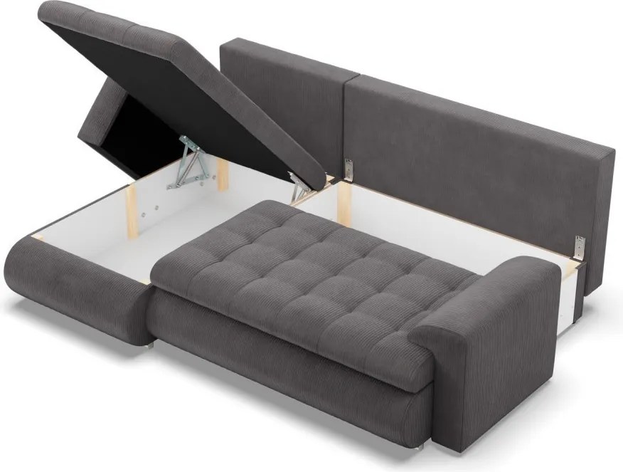 Tokio sarokkanapé, 2 ágyneműtartóval, kordbársony, baloldali, szürke