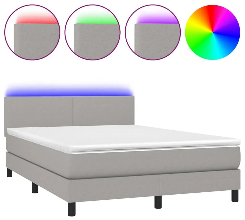 világosszürke szövet rugós és LED-es ágy matraccal 140x190 cm