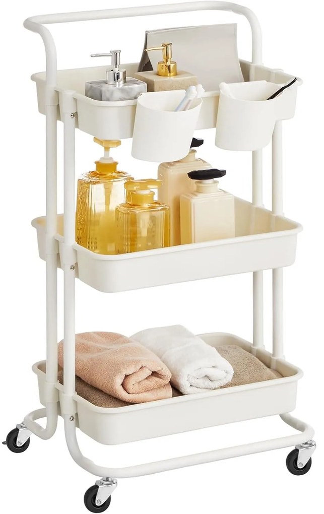 3 szintes kerekeken guruló tároló polc, fogantyúval, fehér színben