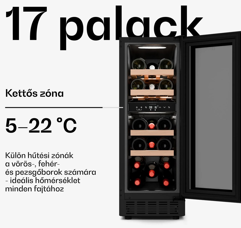 Klarstein Velaire beépíthető borhűtő | Modern, elegáns | UV-védelem | Két zóna | 17 palack