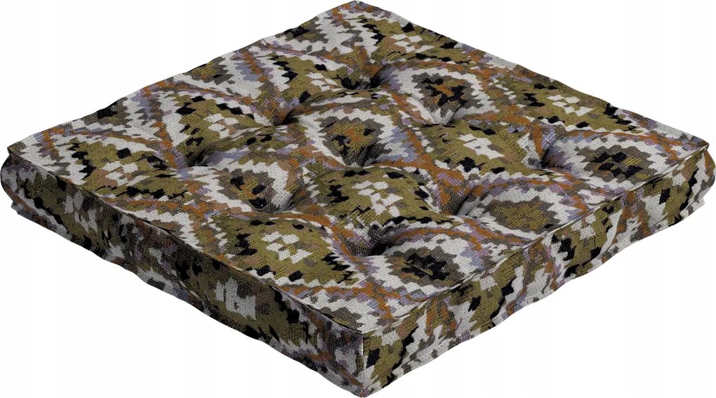 Kuba székpárna 50x50 krémszínű azték mintákkal, olívazöld alapon