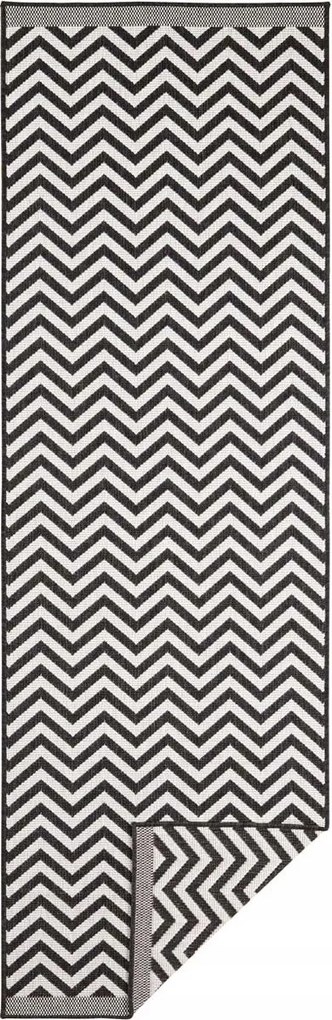 Fekete-krémszínű kültéri szőnyeg teraszra, zsinóros, 80x350 cm