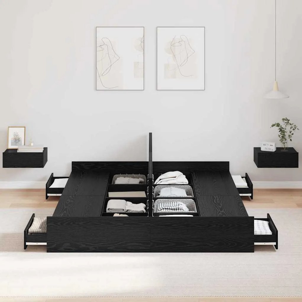 Ágykeret tárolóval fejtámlával Musta tammi 160 x 200 cm Faanyag