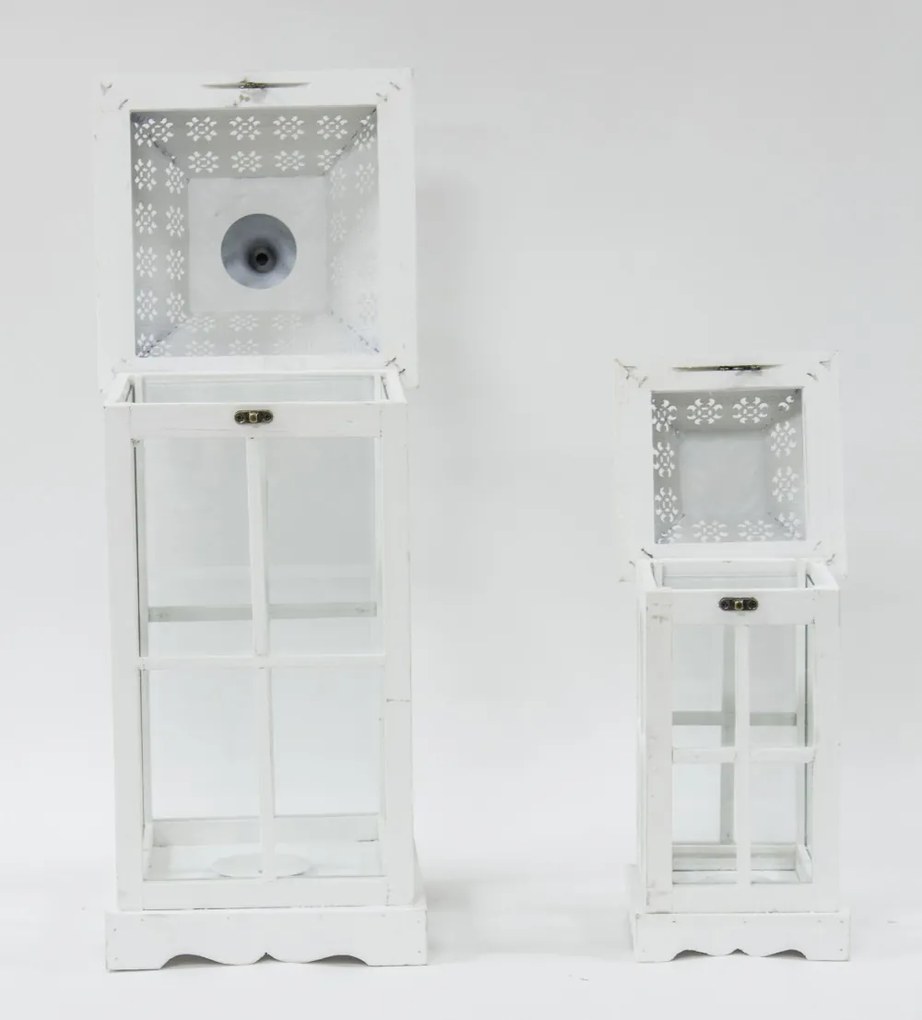 Vintage fehérre koptatott fa mécsestartó üvegezett lámpás lantern 2db-os szett fém tetővel 62x25x25 / 40x17x17cm