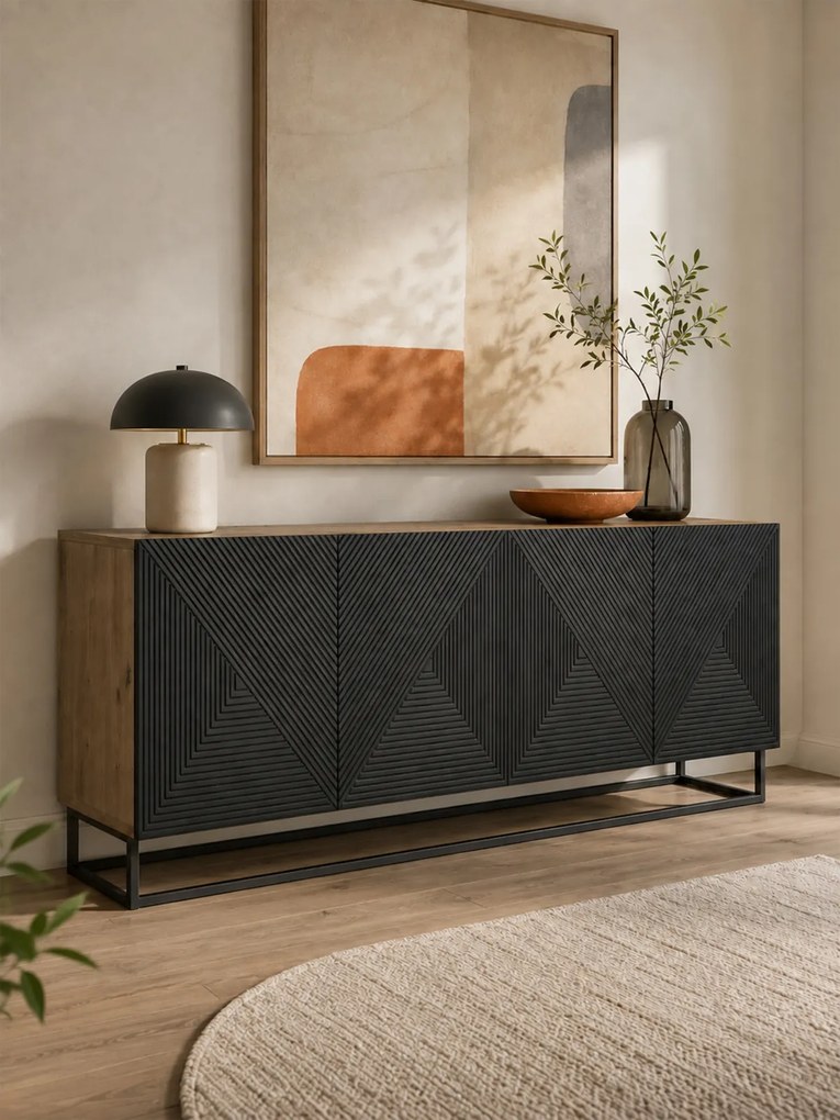 Asha négyajtós komód 200 cm - artisan tölgy / matt fekete / fekete keret