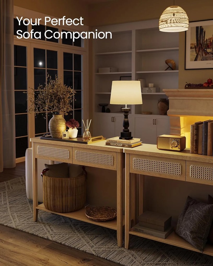 Konzol asztal 2 fiókkal, boho stílusú keskeny asztal, tölgy bézs