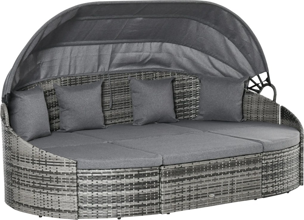 Outsunny Rattan Napozóágy 4-Darabos Napernyővel és Ülőgarnitúrával, 4 Párnával, Szürke Fém 230 x 145 x 80 cm | Aosom